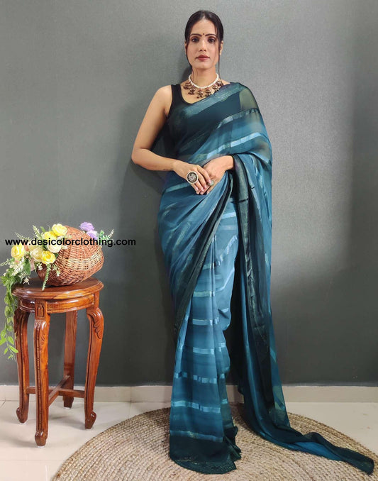 Teal Blue Weaving Georgette Pre-draped Saree