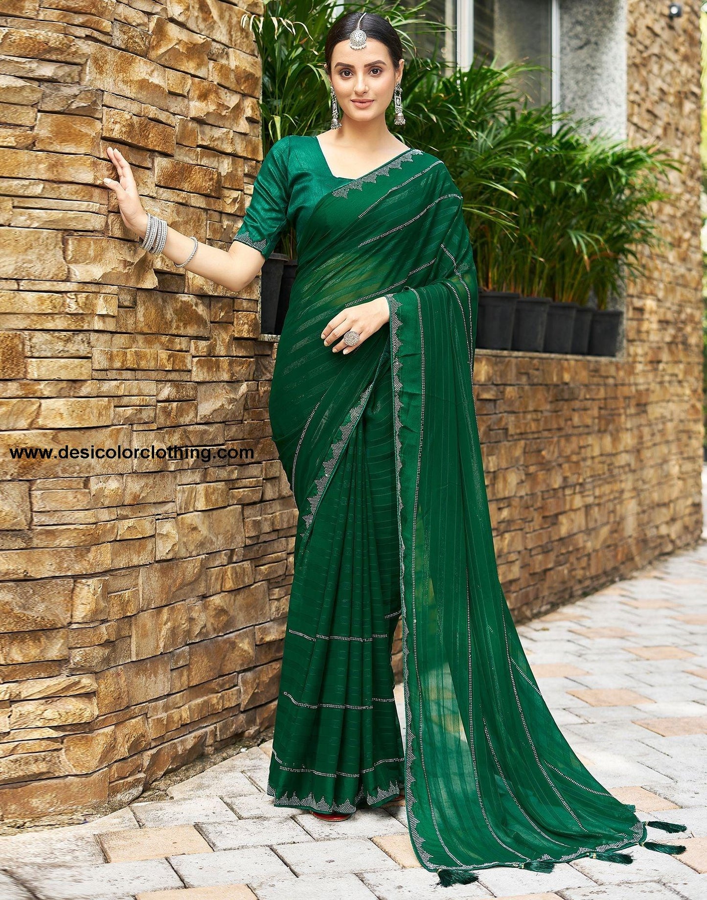 Dark Green Plain Georgette Saree