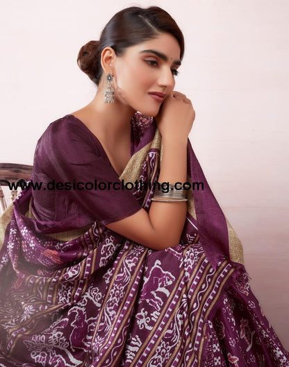Deep Purple Silk Printed  Saree