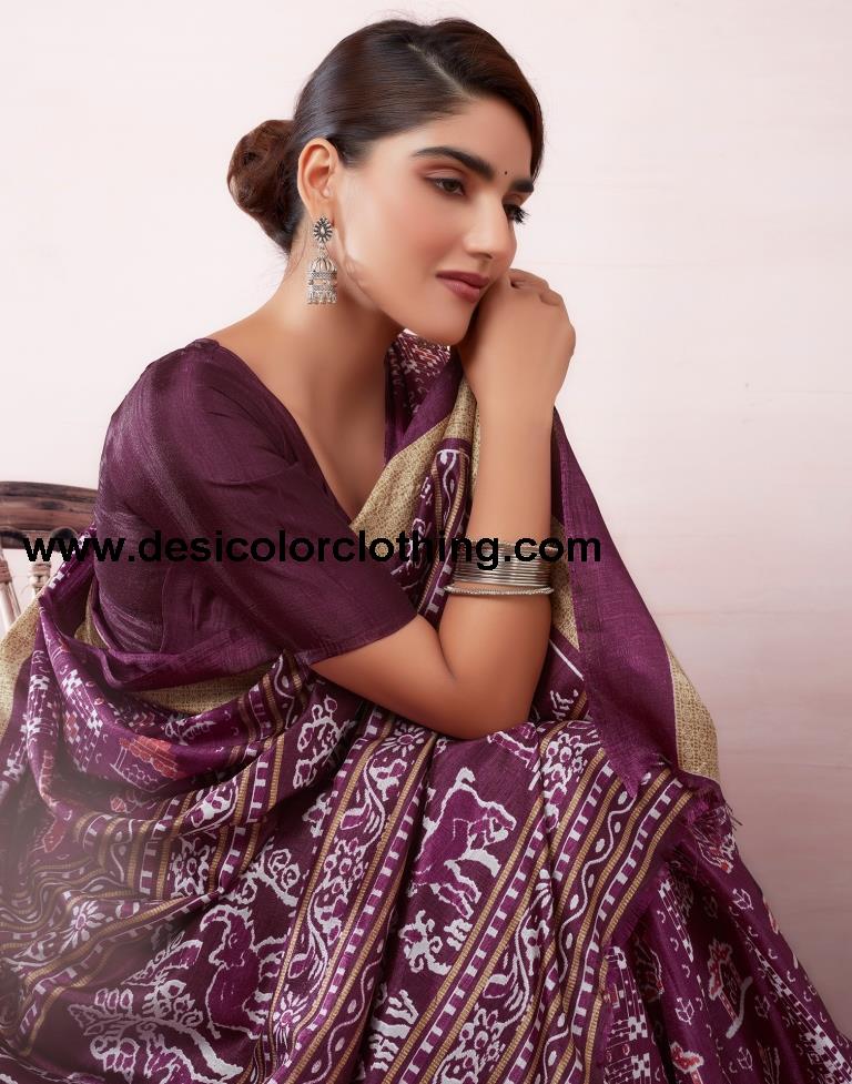 Deep Purple Silk Printed  Saree