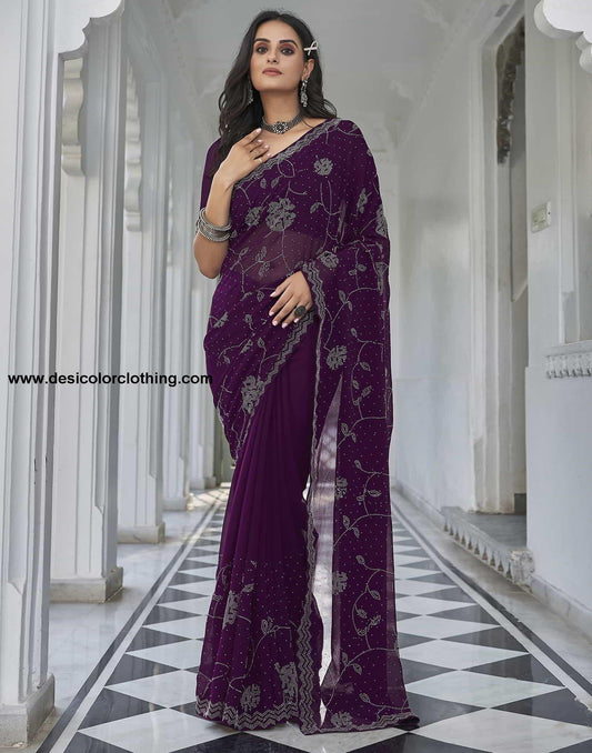 Purple Swarovski Georgette Stone Work Saree