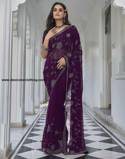 Purple Swarovski Georgette Stone Work Saree