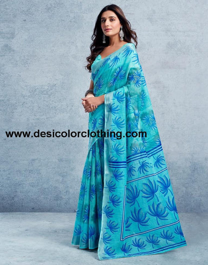 Turquoise Linen Printed  Saree