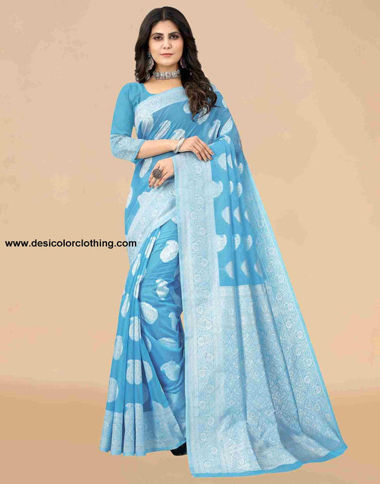Blue Cotton Plain Saree