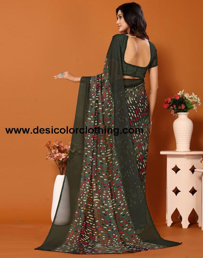 Dark Green Georgette Printed Saree