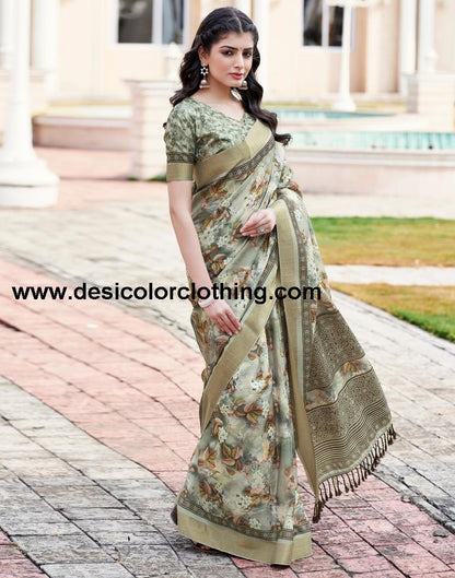 Beige Silk Printed Sarees