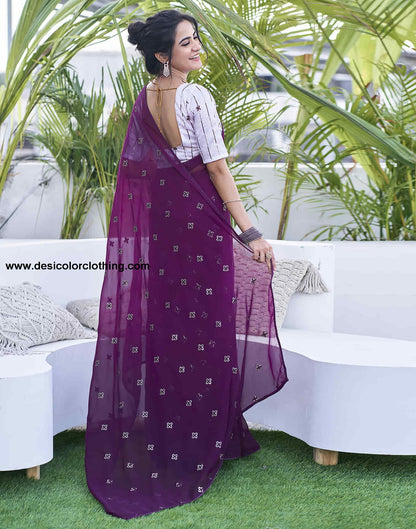 Dark Purple Georgette Sequence Embroidery Saree