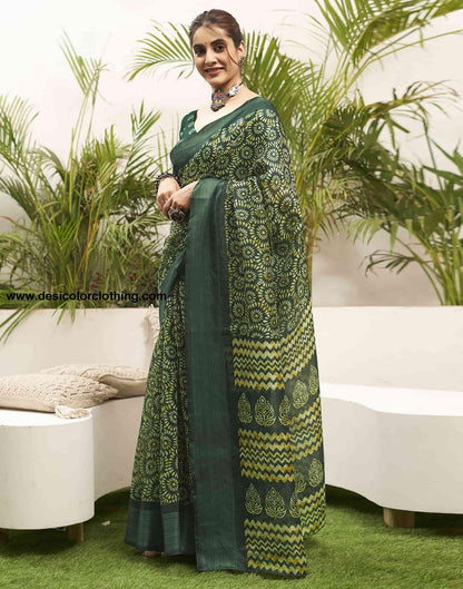 Dark Green Cotton Printed Saree