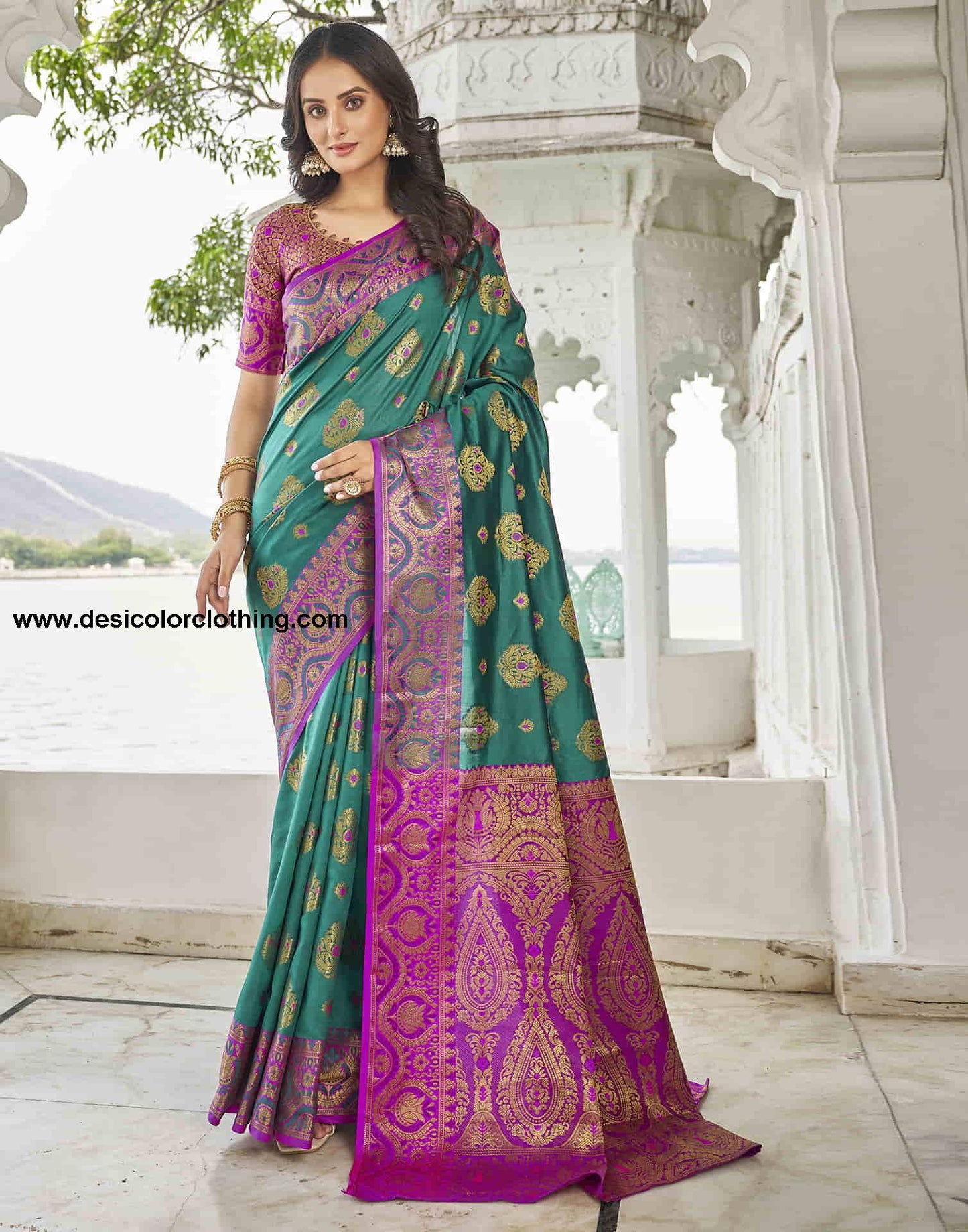 Teal Green Silk Woven Banarasi Saree