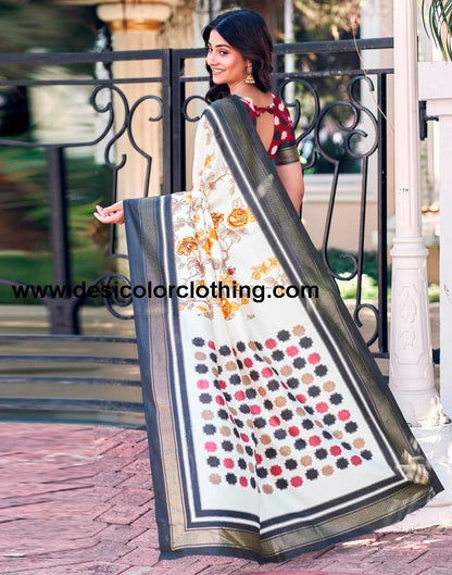 Cream Silk Printed Saree