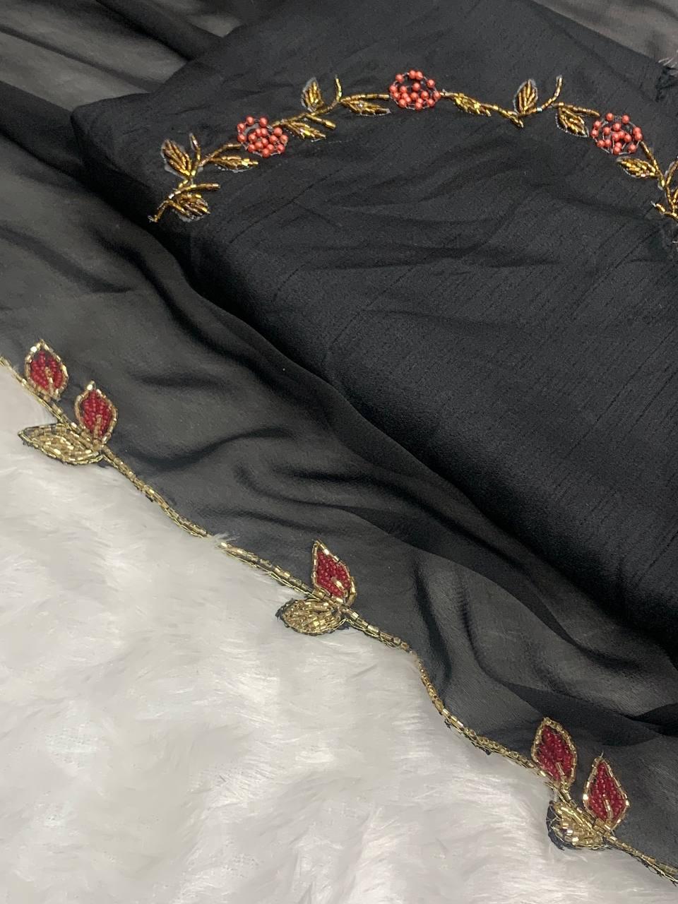 Product Image - Elegant Chocolate Lady Heavy Rangoli Silk Designer Saree with Handwork and Cutwork