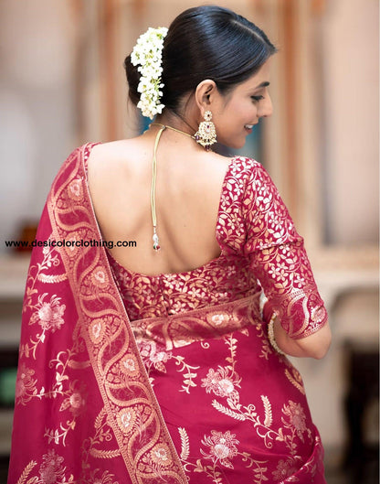 Dark Pink Silk Plain Saree
