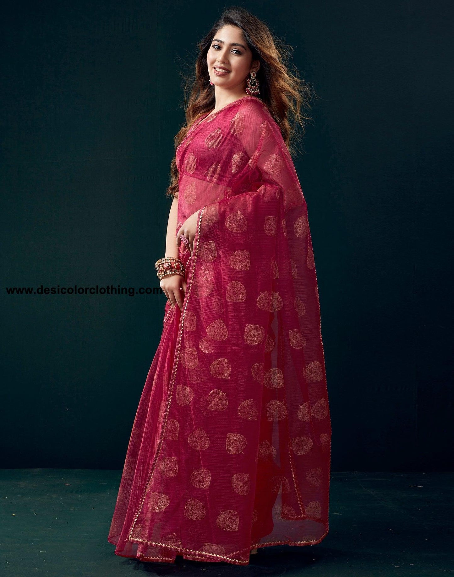 Dark Pink Net Plain Saree