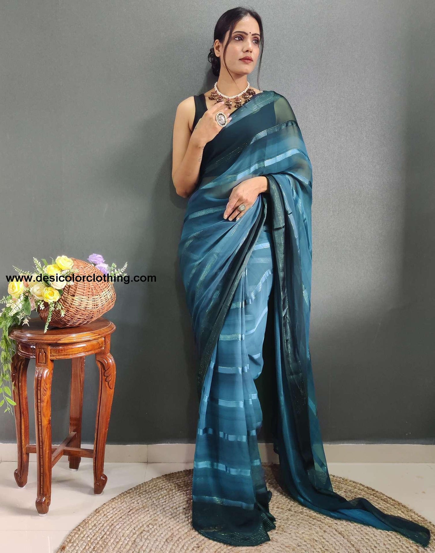 Teal Blue Weaving Georgette Pre-draped Saree