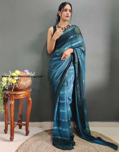 Teal Blue Weaving Georgette Pre-draped Saree