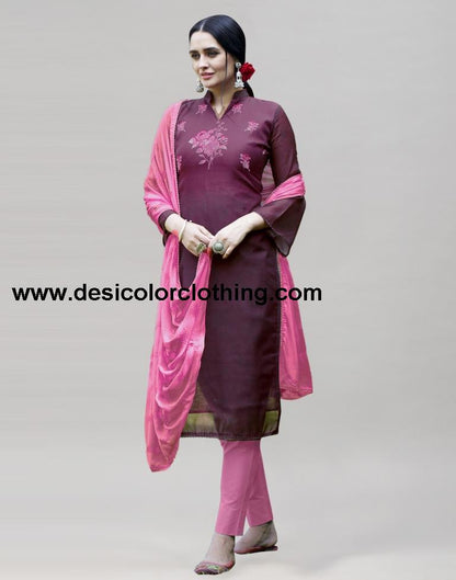Wine Cotton Printed Unstitched Salwar Suit