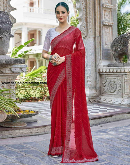 Red Swarovski Georgette Stone Work Saree