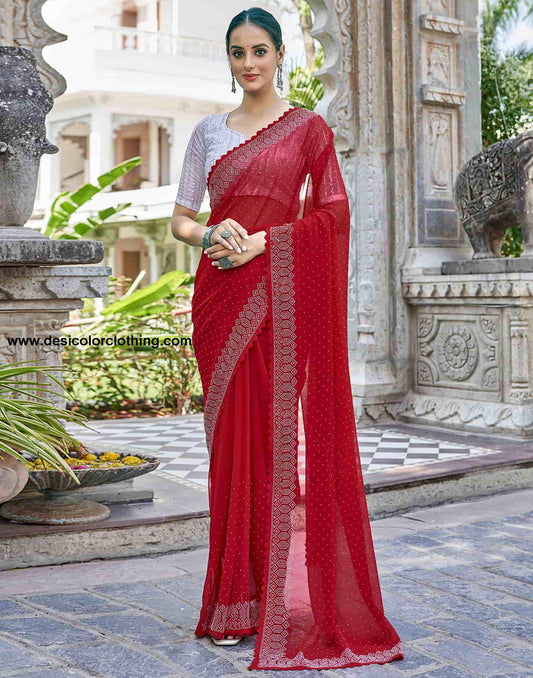 Red Swarovski Georgette Stone Work Saree