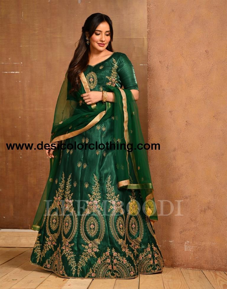 Bottle Green Coloured Poly Silk Embroidered Partywear Lehenga  | SLV125L10495