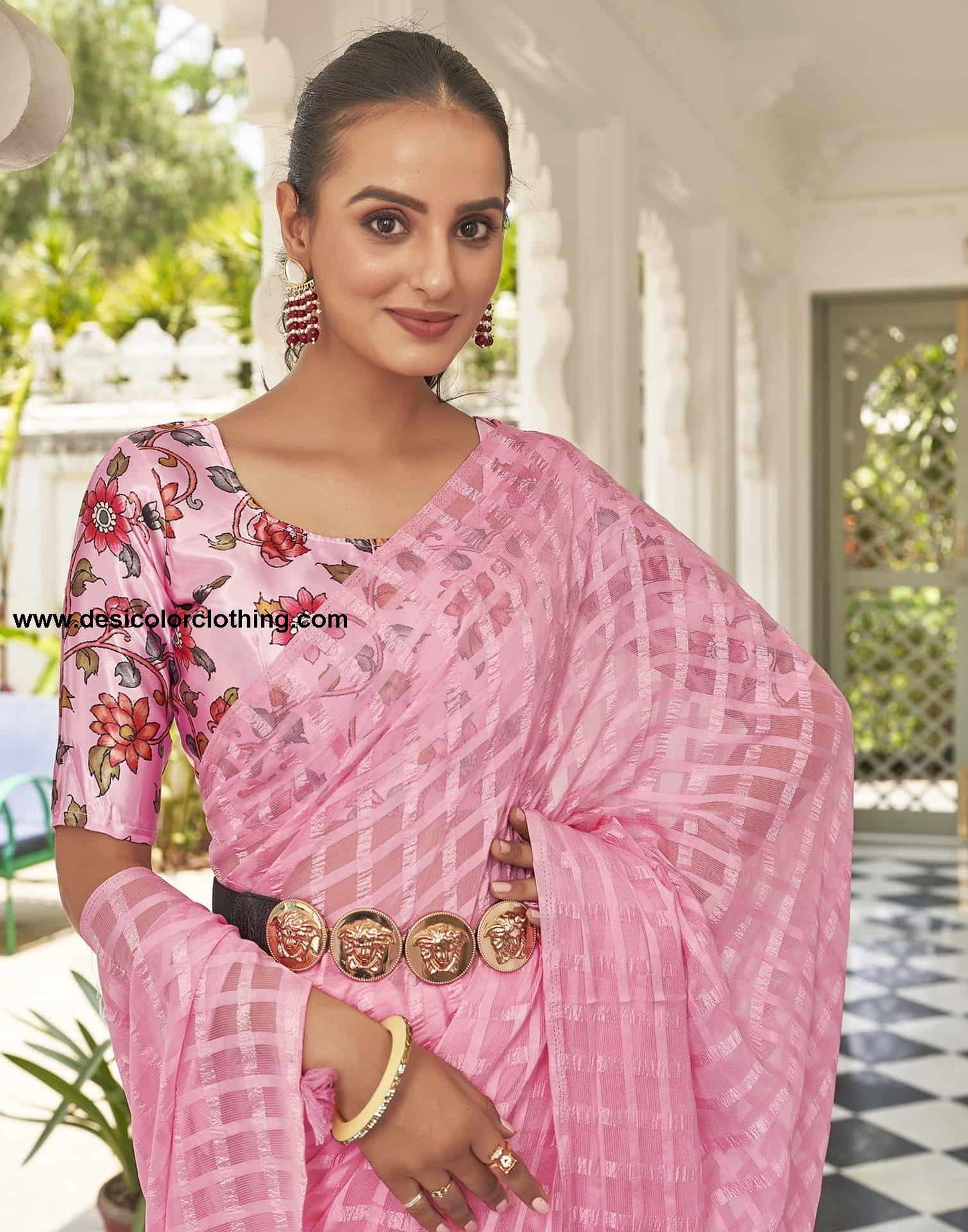 Pink Checkered Chiffon Woven Saree