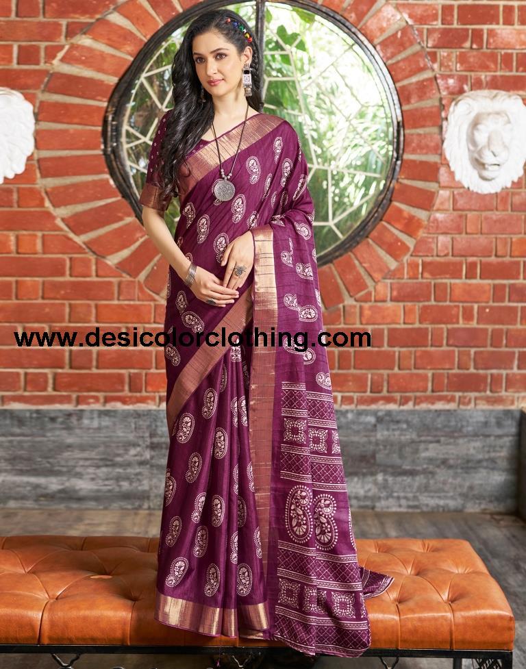 Wine Silk Printed Saree