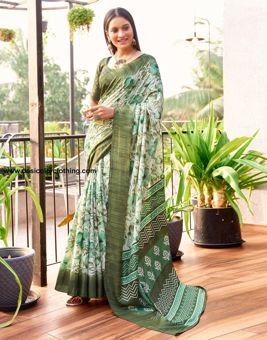Cream Printed Silk Saree