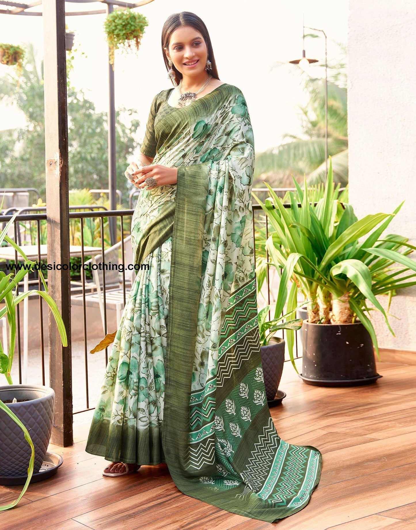Cream Printed Silk Saree
