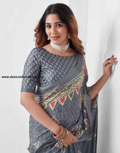Steel Grey Printed Silk Saree