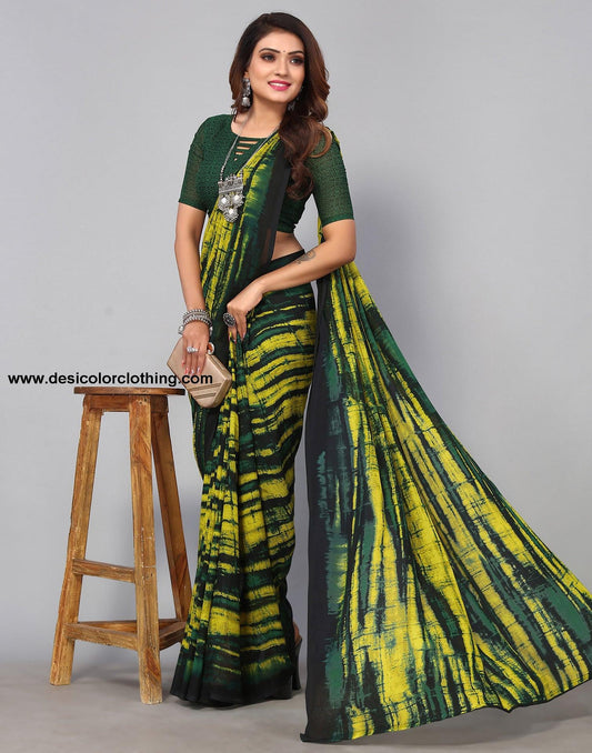Dark Green & Yellow Georgette Printed Saree