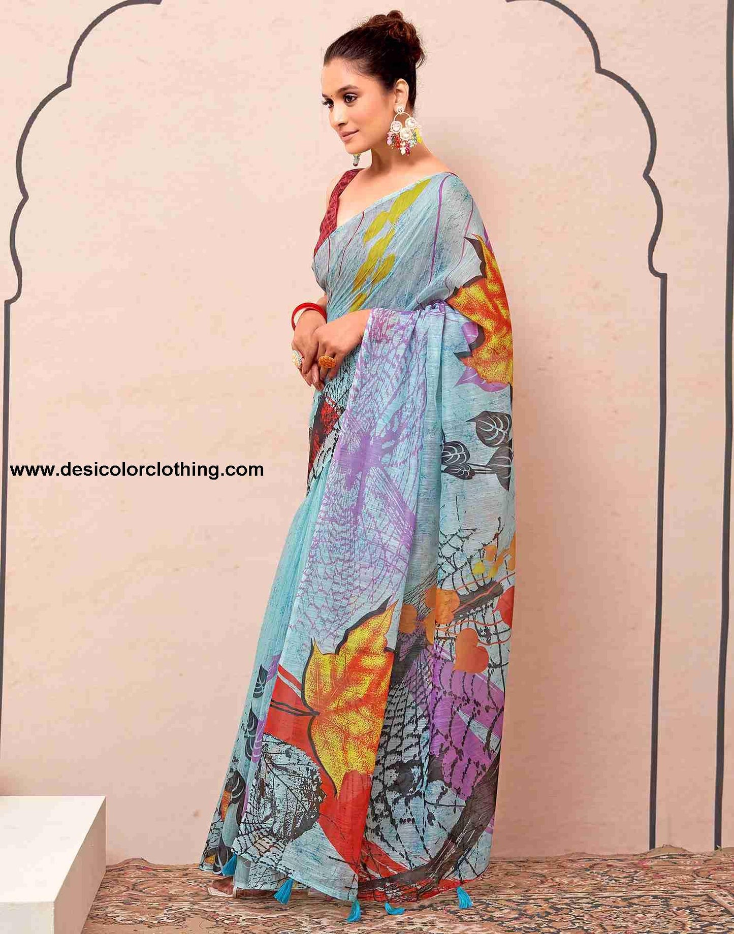 Blue Cotton Printed Saree