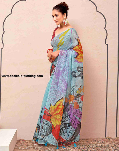 Blue Cotton Printed Saree