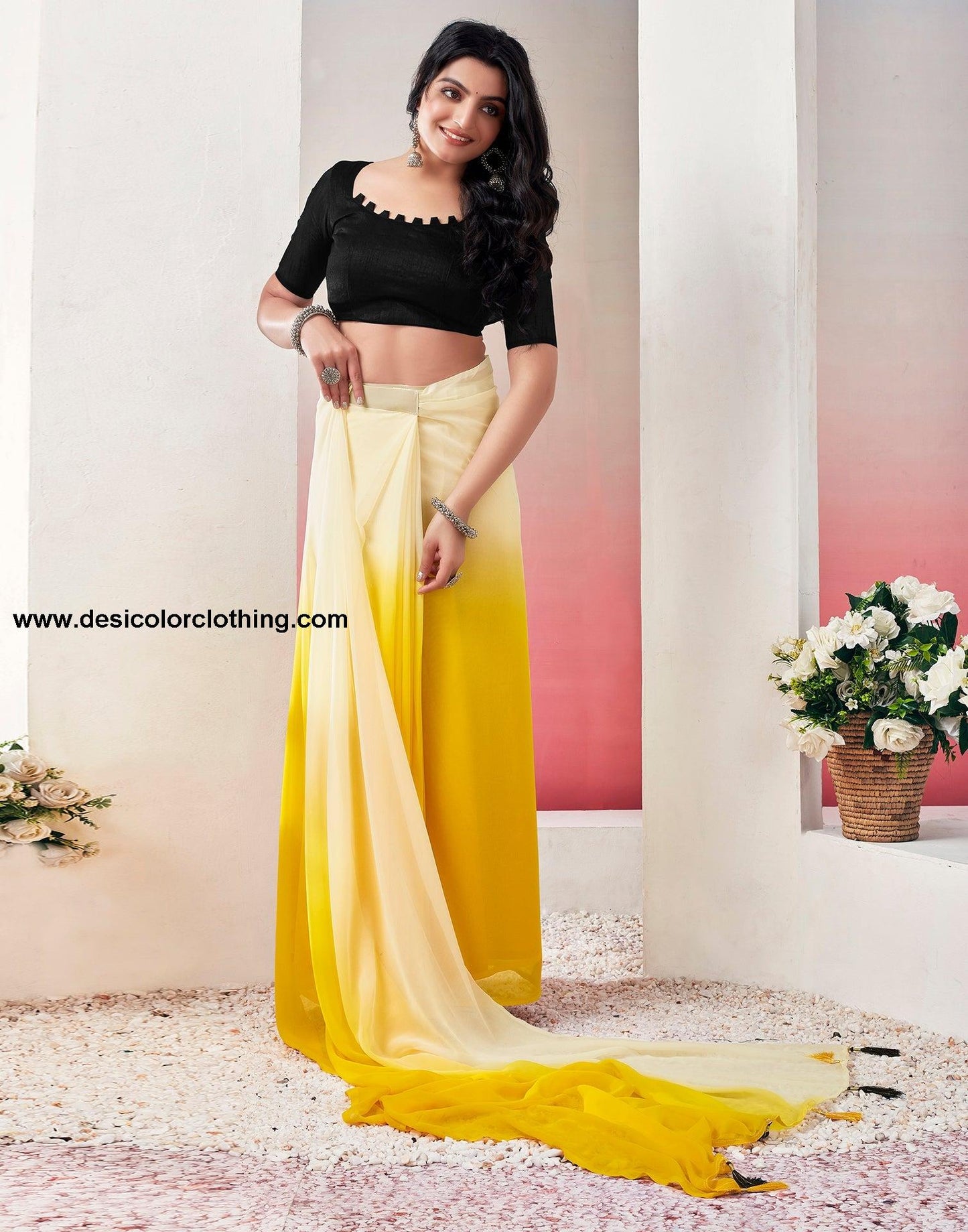 Turmeric Georgette Plain Ready to Wear Saree