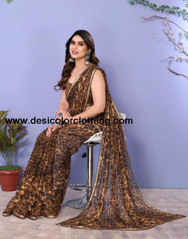 Dark Brown Chiffon Animal Printed Saree