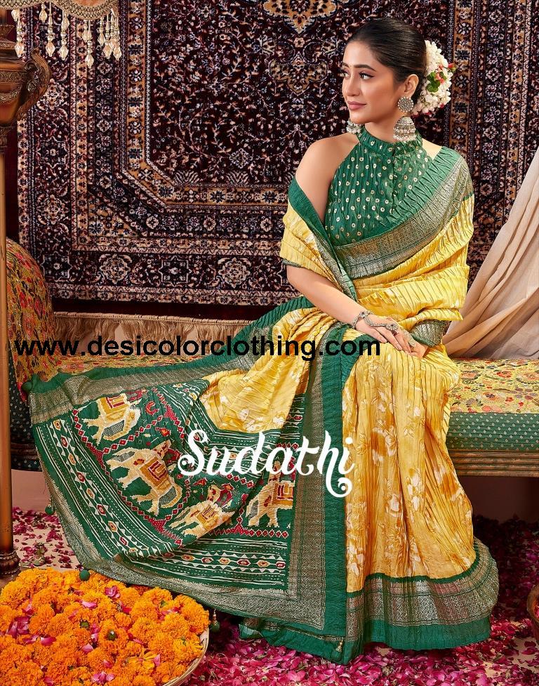 Yellow & Cream Printed Silk Saree