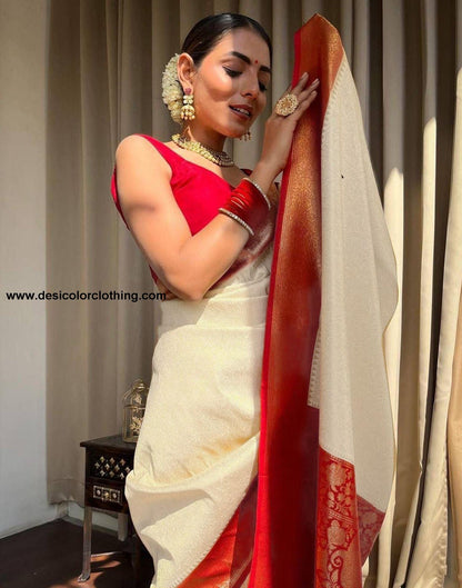 Cream Jacquard Silk Saree