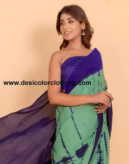 Dusty Green and Navy Blue Tie And Dye Saree