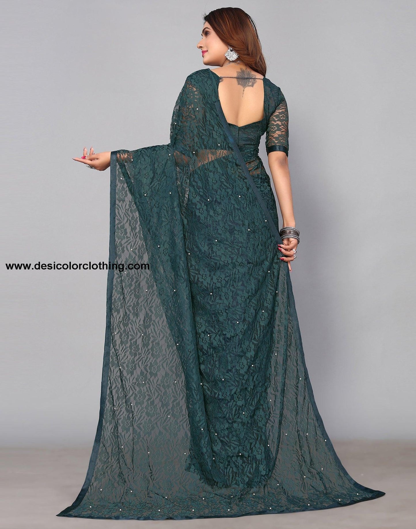 Pine Green Net Lace Saree