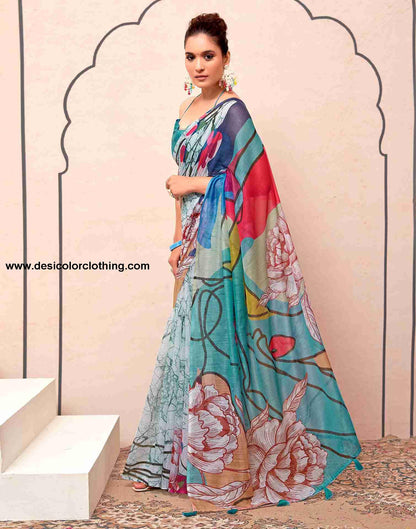 Turquoise Cotton Printed Saree