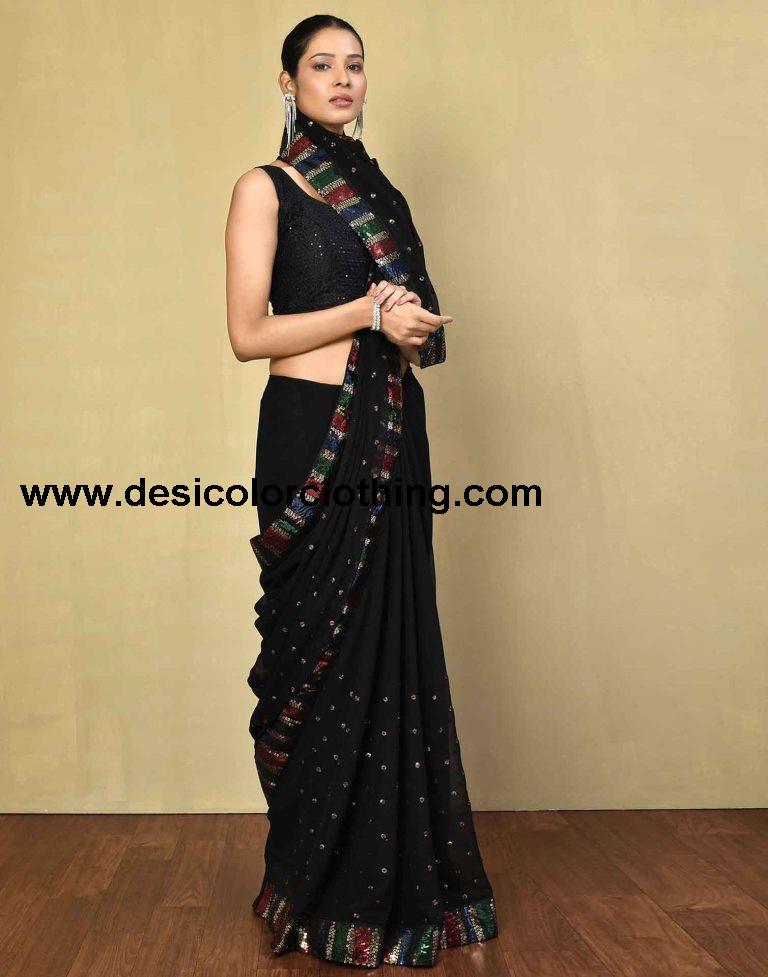Black Georgette Plain Saree