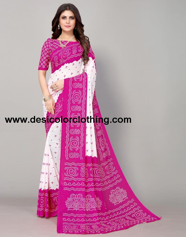 Pink And White Bandhani Printed Saree