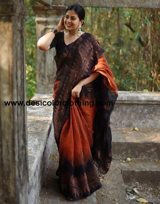 Rust Orange Cotton Weaving Saree