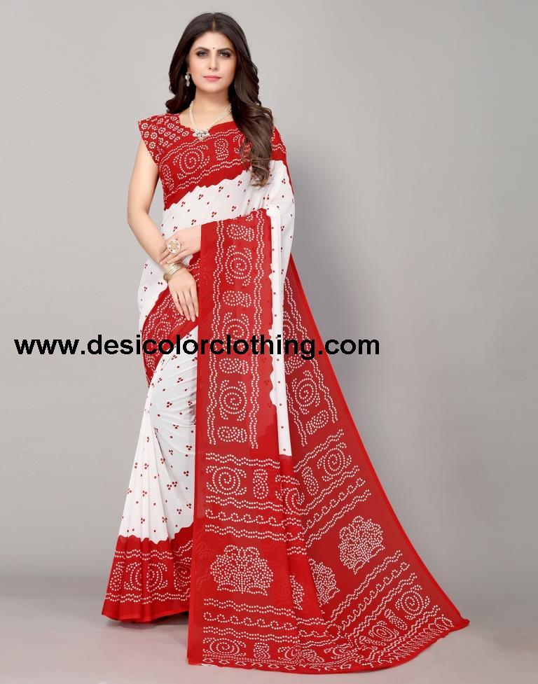 Red And White Bandhani Printed Saree