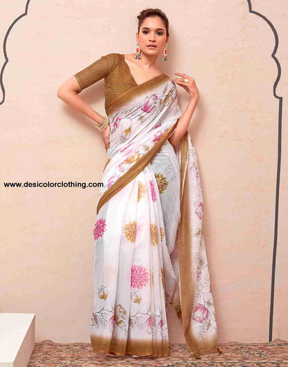 White Cotton Printed Saree