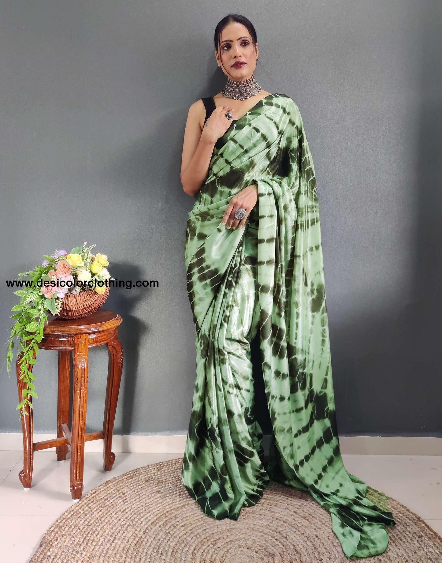 Dull Green Printed Silk Pre-draped Saree