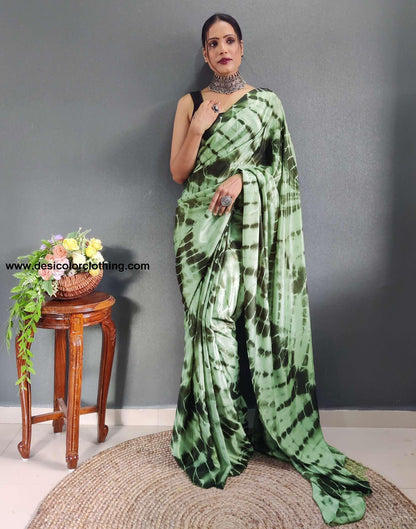 Dull Green Printed Silk Pre-draped Saree