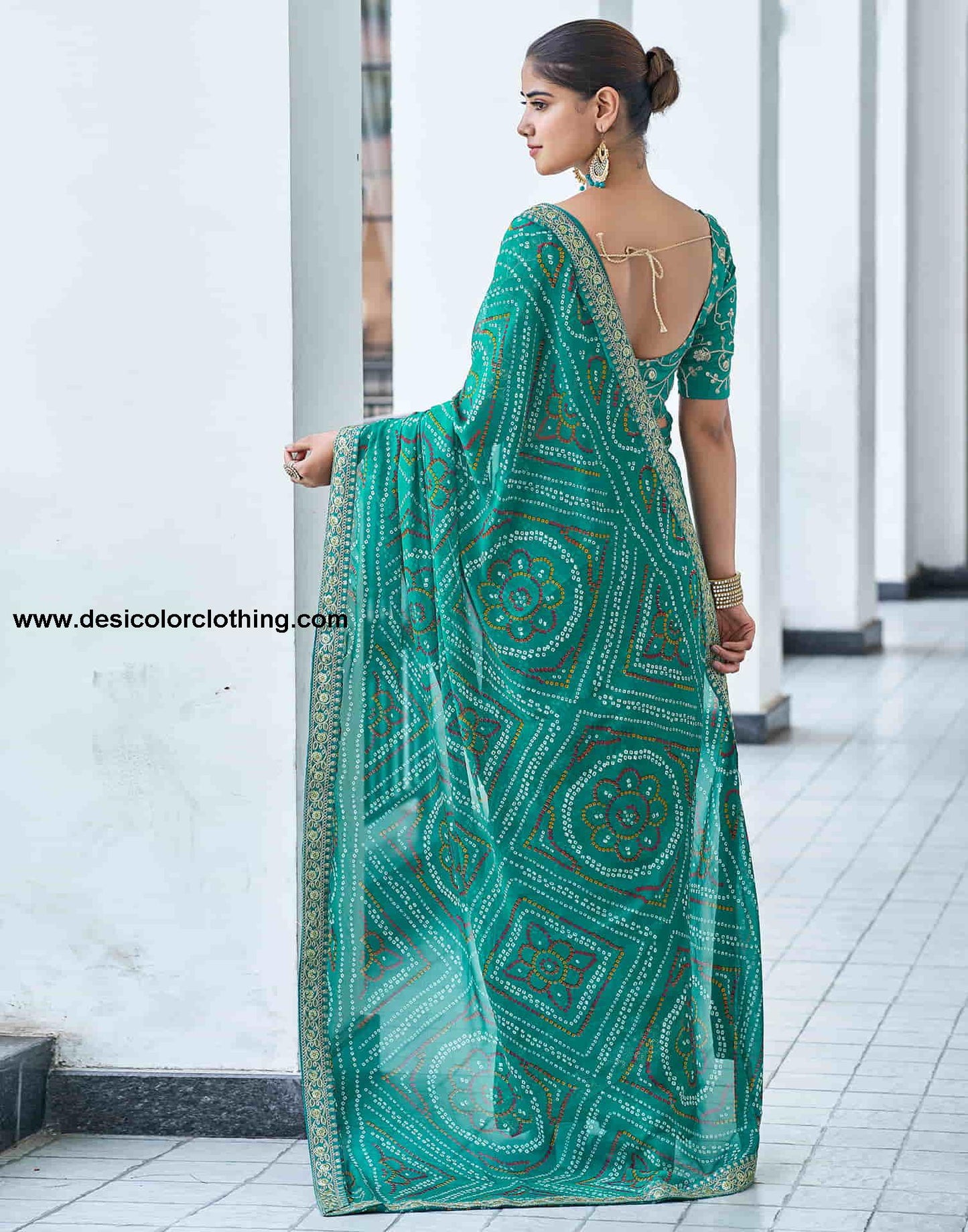 Dark Turquoise Georgette Bandhani Saree