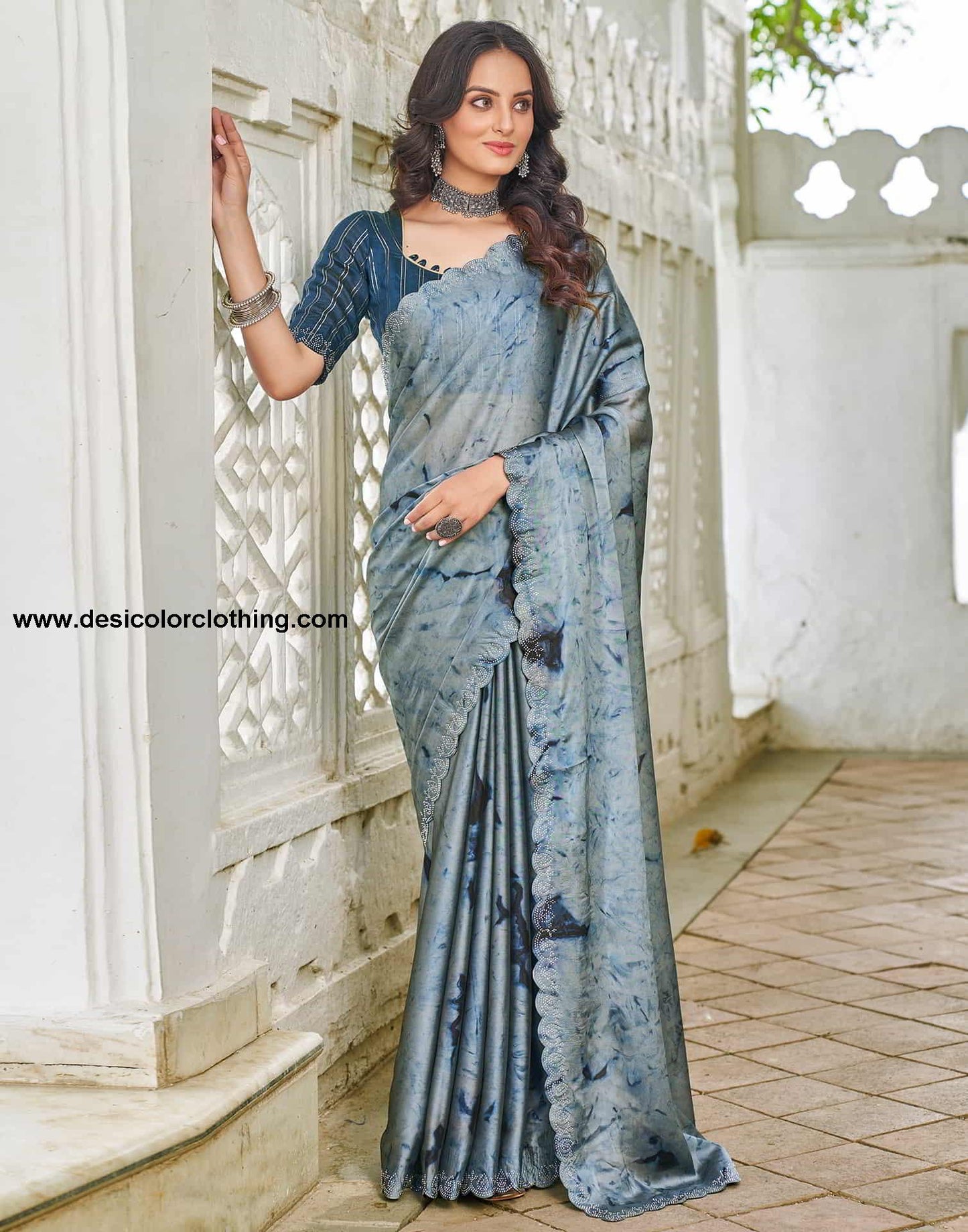 Blue Printed Georgette Stone Work Saree