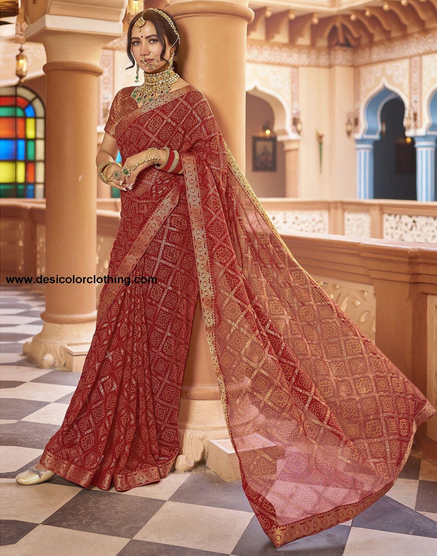 Cherry Red Jacquard Georgette Saree