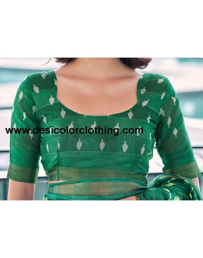 Sea Green Cotton Printed Saree