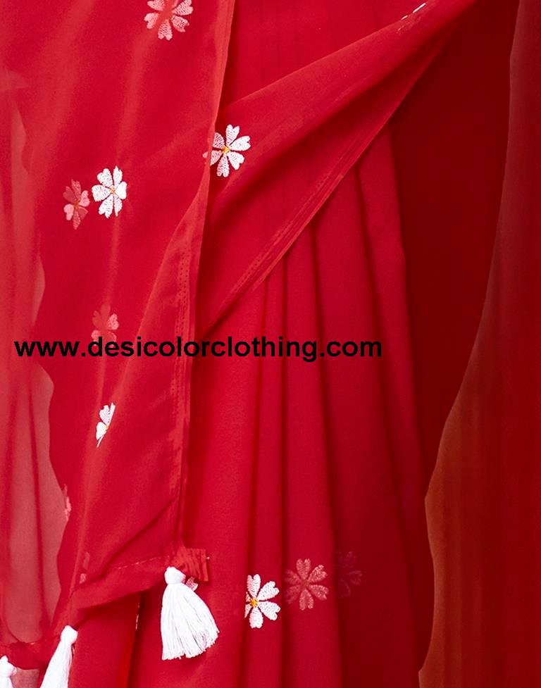 Red Georgette Embroidery Saree